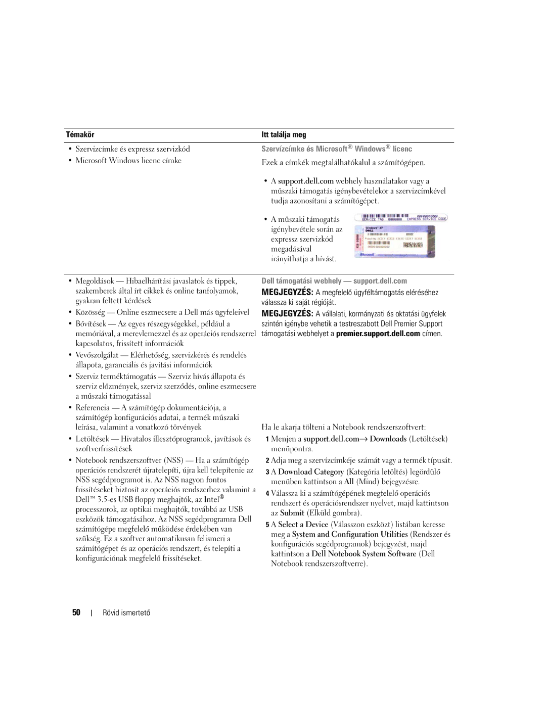 Dell NH424 manual Szervízcímke és Microsoft Windows licenc, Rövid ismertető 