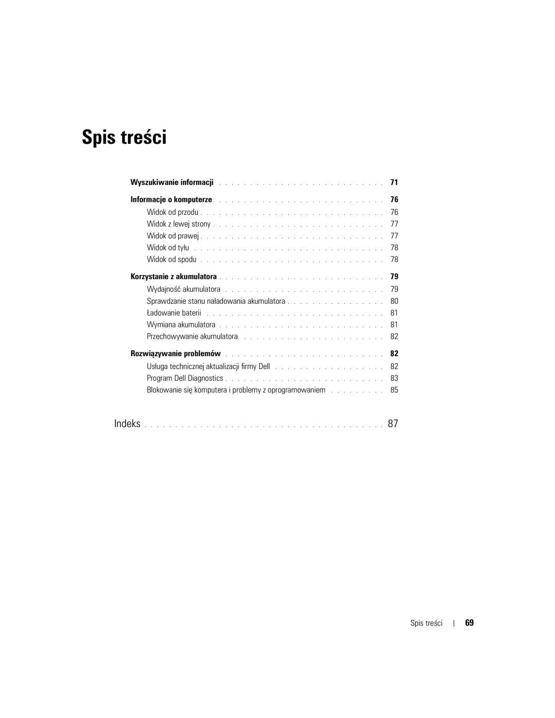 Dell NH424 manual Sprawdzanie stanu naładowania akumulatora, Usługa technicznej aktualizacji firmy Dell, Spis treści 