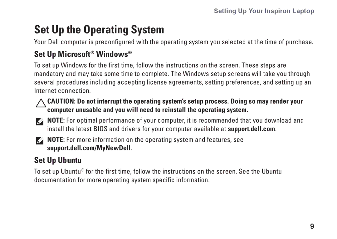 Dell P10S, NHPXD, N3010 setup guide Set Up the Operating System, Set Up Microsoft Windows, Set Up Ubuntu 