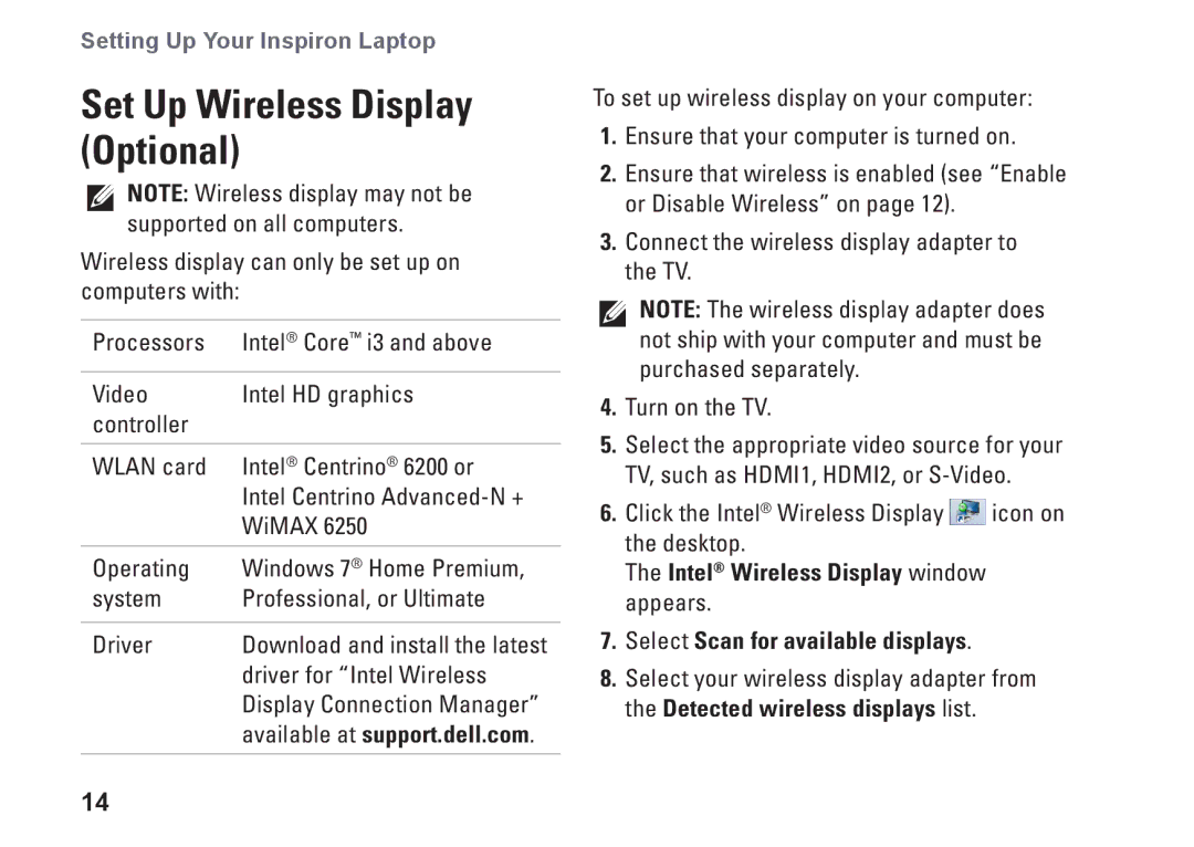 Dell N3010, NHPXD, P10S setup guide Set Up Wireless Display Optional 