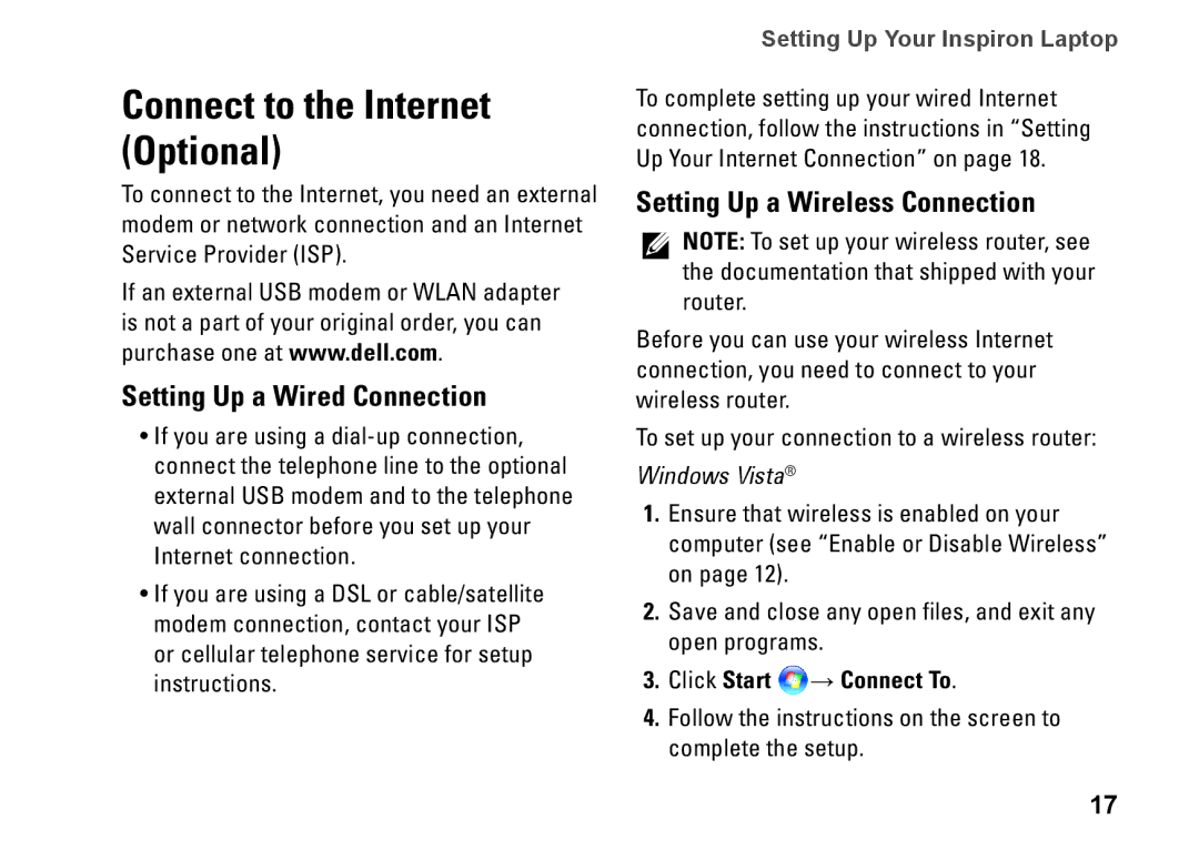 Dell N3010, NHPXD, P10S Connect to the Internet Optional, Setting Up a Wired Connection, Setting Up a Wireless Connection 