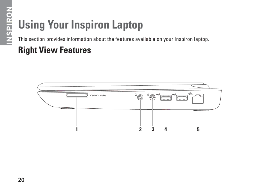 Dell N3010, NHPXD, P10S setup guide Using Your Inspiron Laptop, Right View Features 