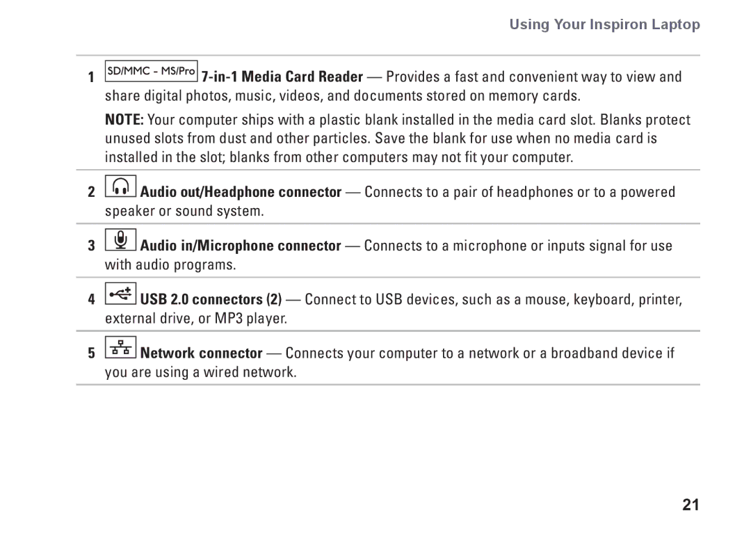 Dell P10S, NHPXD, N3010 setup guide Using Your Inspiron Laptop 