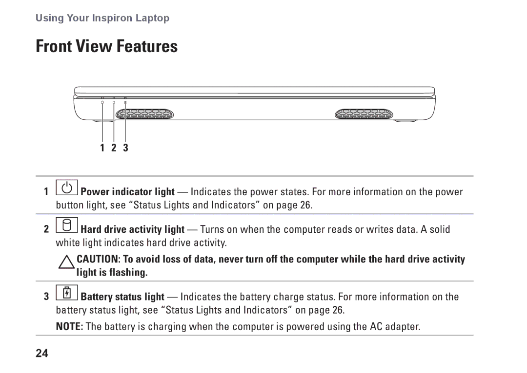 Dell P10S, NHPXD, N3010 setup guide Front View Features 