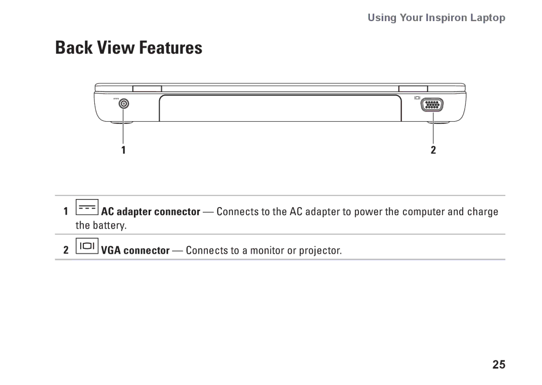 Dell NHPXD, N3010, P10S setup guide Back View Features 