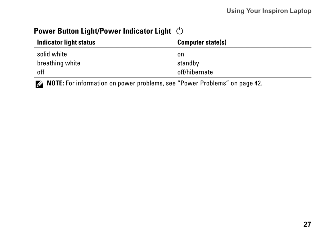 Dell P10S, NHPXD, N3010 setup guide Power Button Light/Power Indicator Light, Indicator light status Computer states 