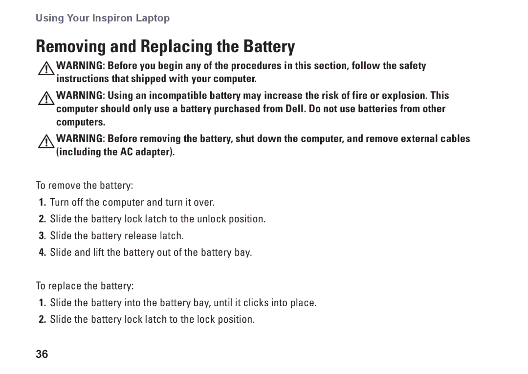 Dell P10S, NHPXD, N3010 setup guide Removing and Replacing the Battery 