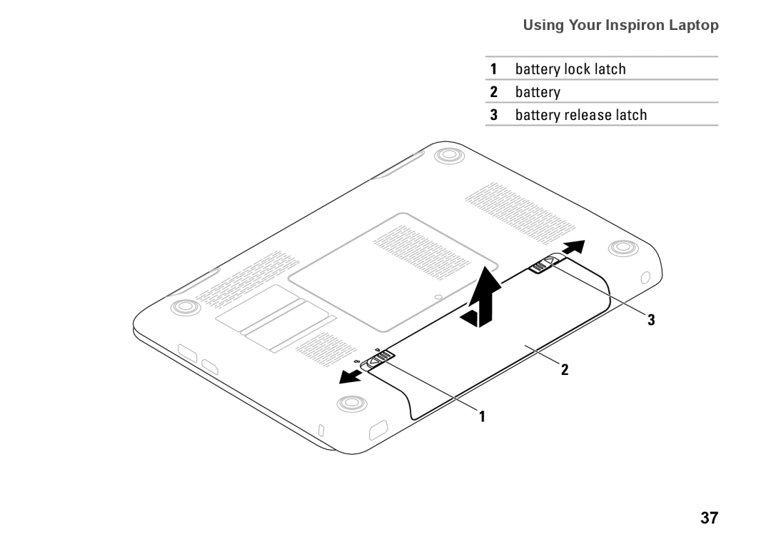 Dell NHPXD, N3010, P10S setup guide Battery lock latch Battery release latch 