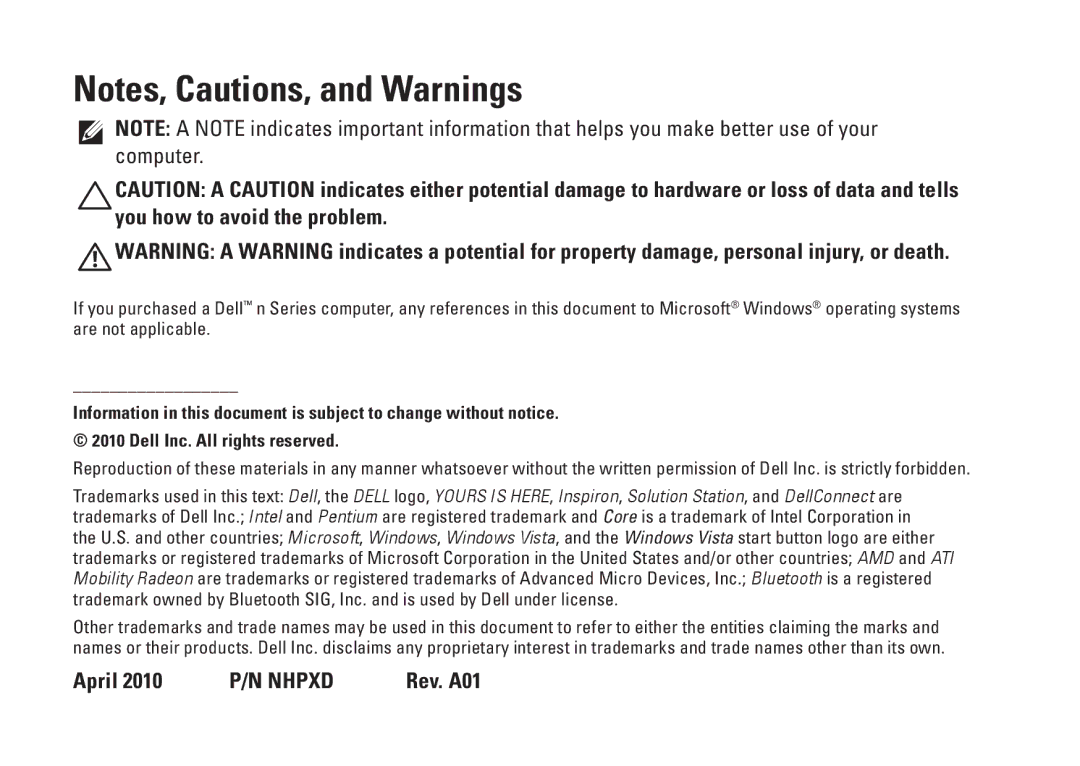 Dell N3010, NHPXD, P10S setup guide April 2010 P/N Nhpxd Rev. A01 