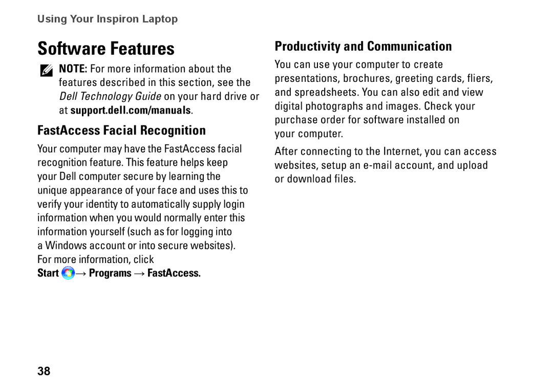 Dell N3010 Software Features, FastAccess Facial Recognition, Productivity and Communication, Start → Programs → FastAccess 