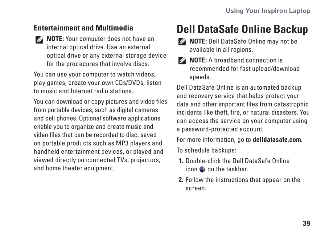 Dell P10S, NHPXD, N3010 setup guide Dell DataSafe Online Backup, Entertainment and Multimedia 