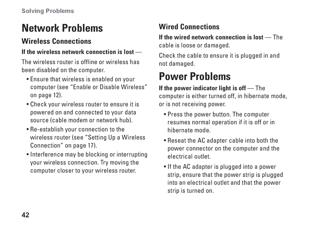 Dell P10S, NHPXD, N3010 setup guide Network Problems, Power Problems, Wireless Connections, Wired Connections 