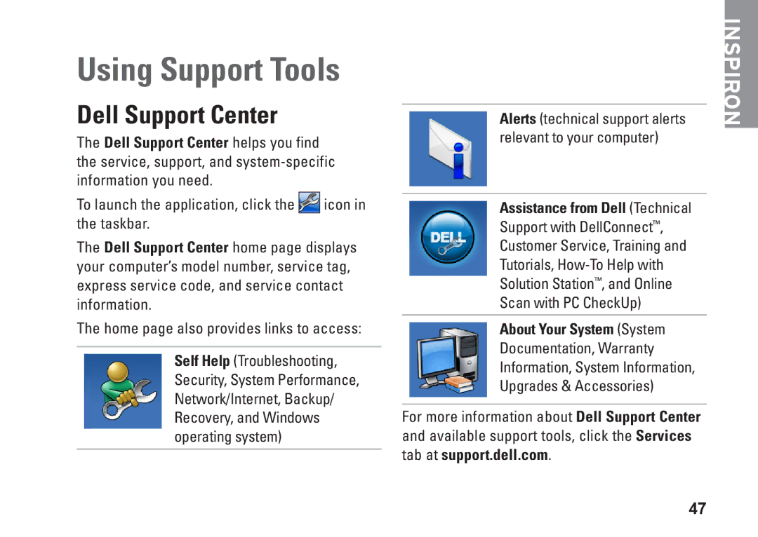 Dell N3010, NHPXD, P10S Using Support Tools, Dell Support Center, About Your System System, Tab at support.dell.com 