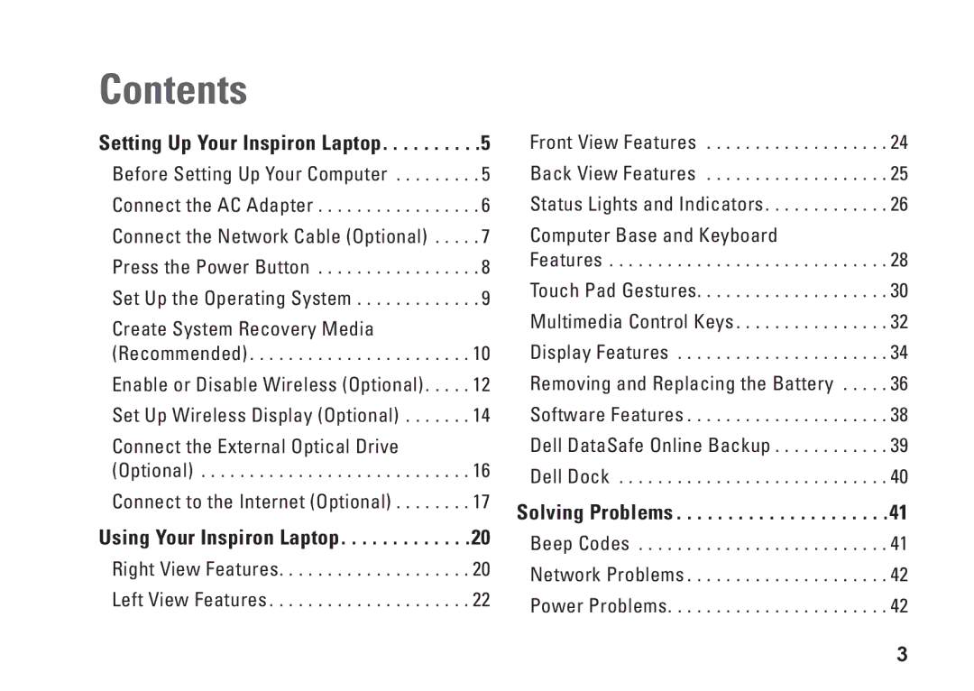 Dell P10S, NHPXD, N3010 setup guide Contents 