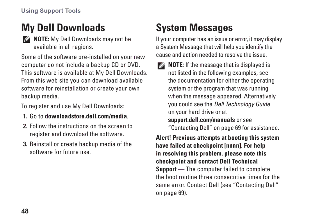 Dell P10S, NHPXD, N3010 setup guide My Dell Downloads, System Messages 