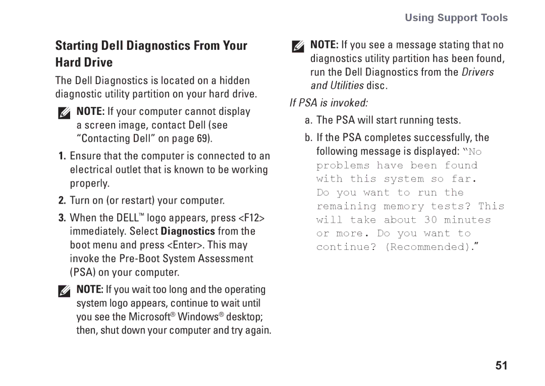 Dell P10S, NHPXD, N3010 setup guide Starting Dell Diagnostics From Your Hard Drive, If PSA is invoked 