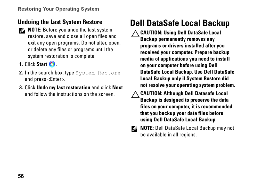 Dell N3010, NHPXD, P10S setup guide Dell DataSafe Local Backup, Undoing the Last System Restore 