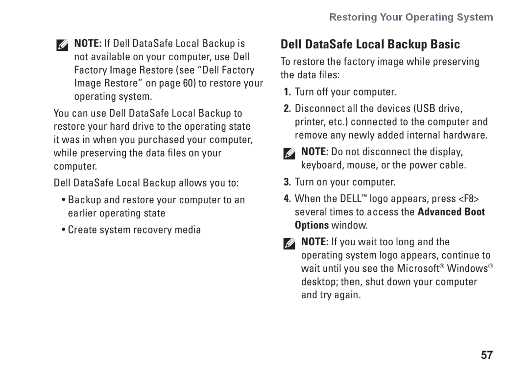 Dell P10S, NHPXD, N3010 setup guide Dell DataSafe Local Backup Basic 