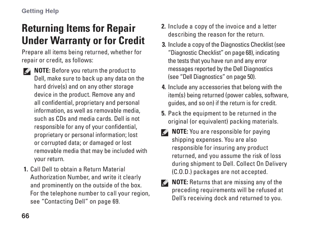 Dell P10S, NHPXD, N3010 setup guide Returning Items for Repair Under Warranty or for Credit 