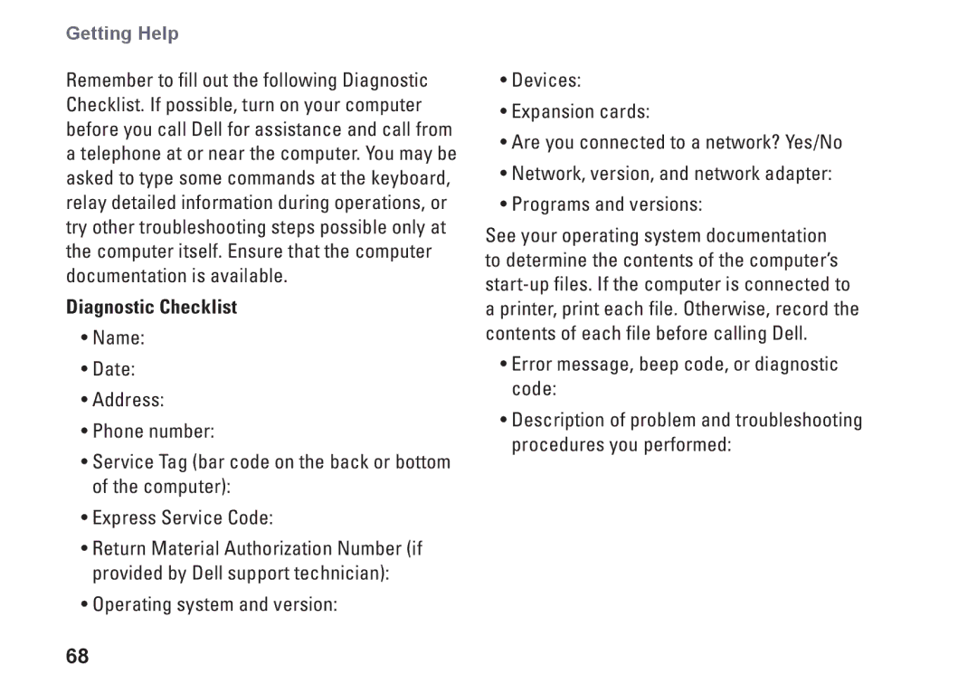 Dell N3010, NHPXD, P10S setup guide Diagnostic Checklist 