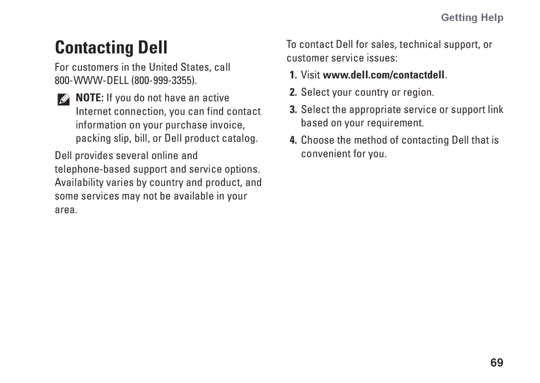 Dell P10S, NHPXD, N3010 setup guide Contacting Dell 