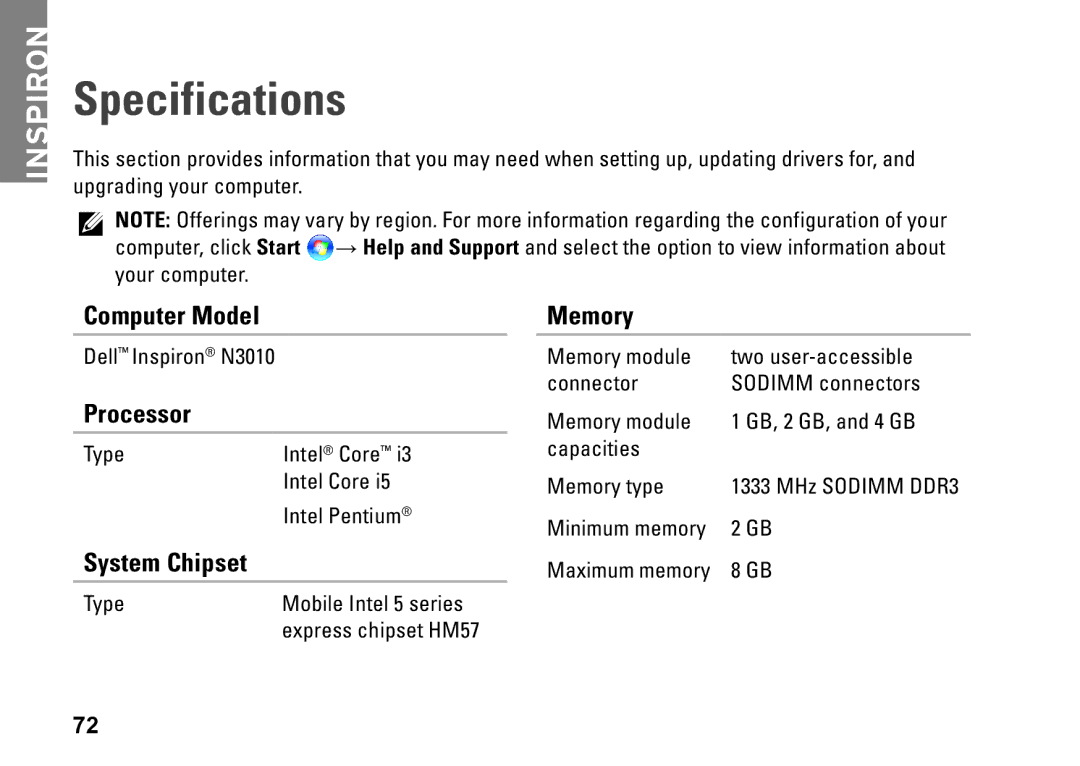 Dell P10S, NHPXD, N3010 setup guide Specifications, Computer Model, Processor, System Chipset, Memory 