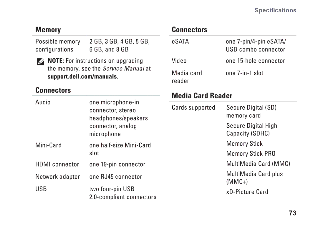 Dell NHPXD, N3010, P10S setup guide Connectors, Media Card Reader 