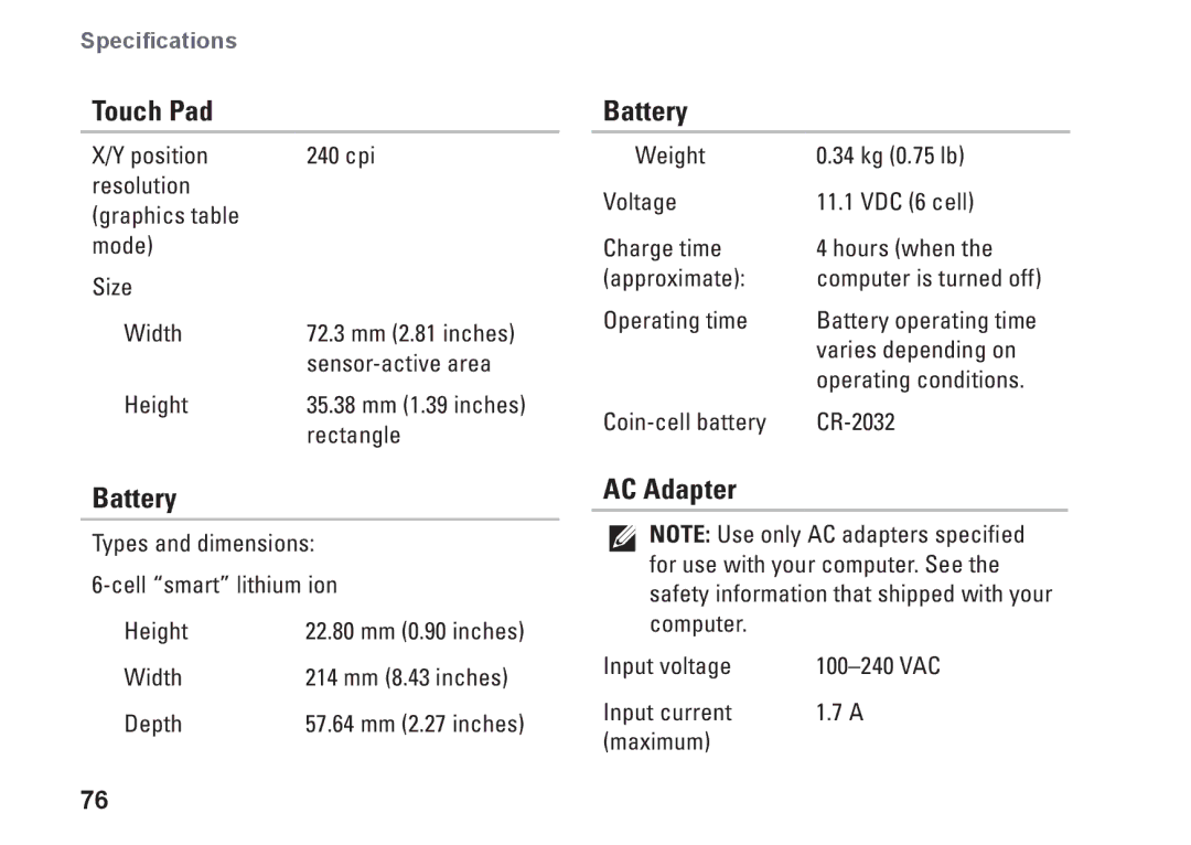 Dell NHPXD, N3010, P10S setup guide Touch Pad, Battery, AC Adapter 