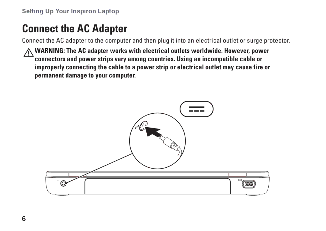 Dell P10S, NHPXD, N3010 setup guide Connect the AC Adapter 