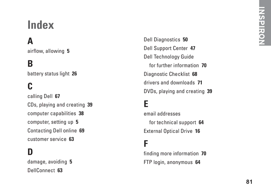 Dell P10S, NHPXD, N3010 setup guide Index 