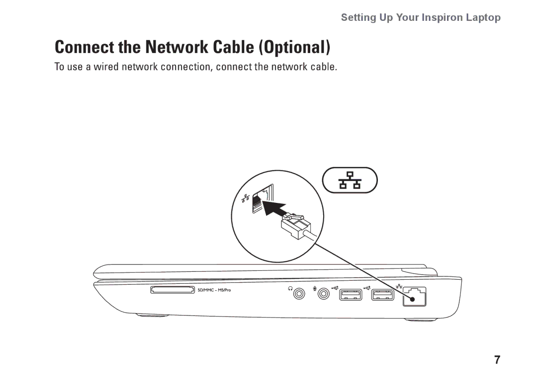 Dell NHPXD, N3010, P10S setup guide Connect the Network Cable Optional 