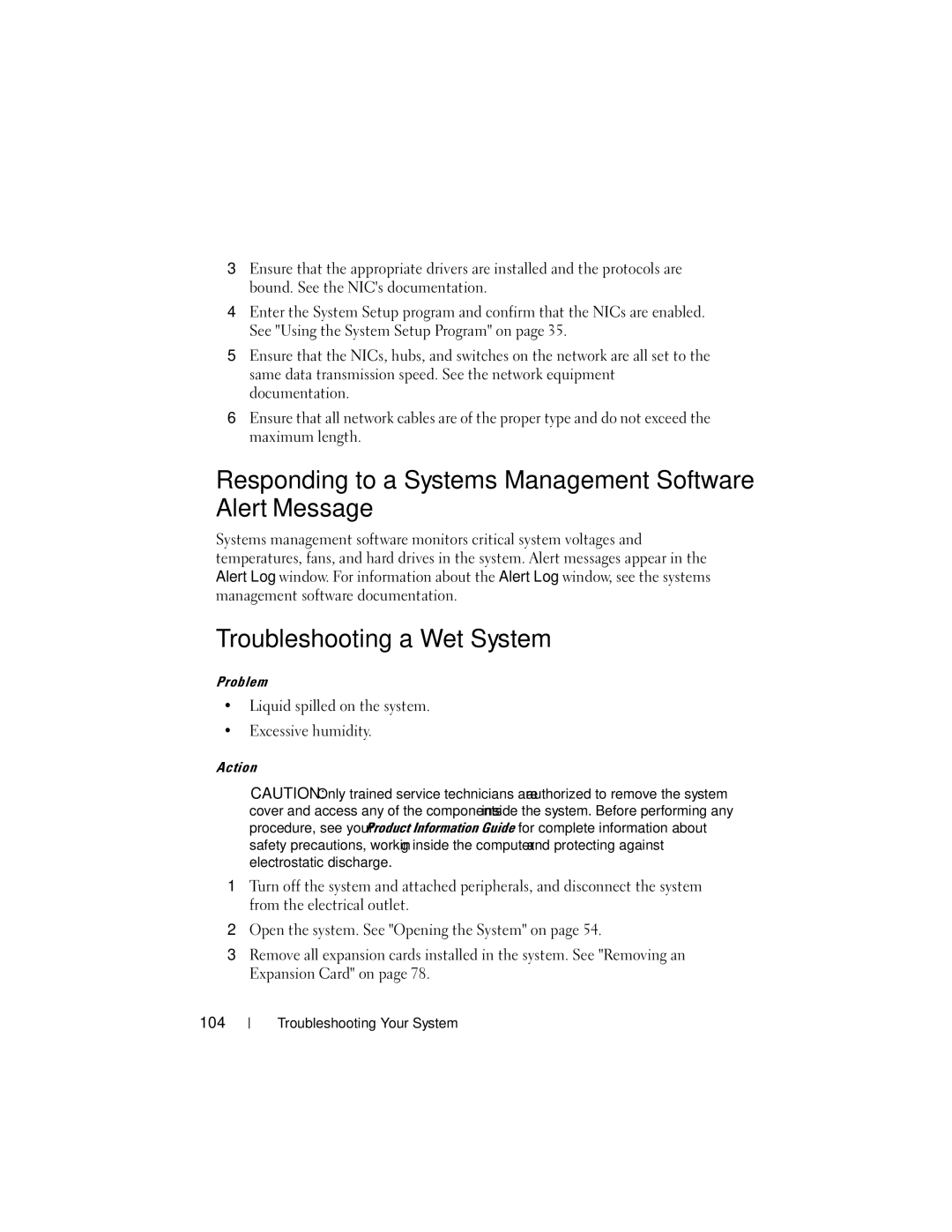 Dell NM176 owner manual Responding to a Systems Management Software Alert Message, Troubleshooting a Wet System 