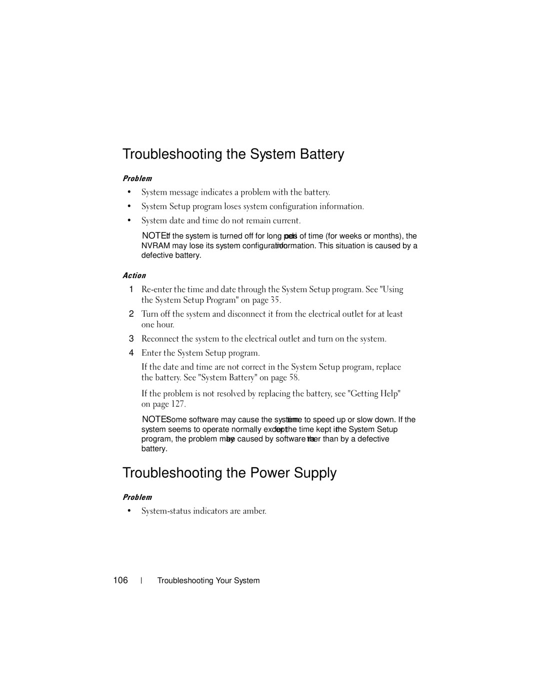 Dell NM176 Troubleshooting the System Battery, Troubleshooting the Power Supply, System-status indicators are amber 106 