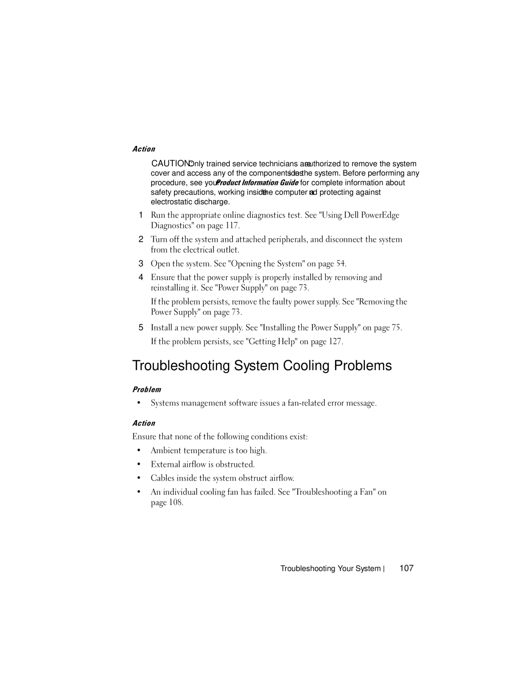 Dell NM176 owner manual Troubleshooting System Cooling Problems, 107 