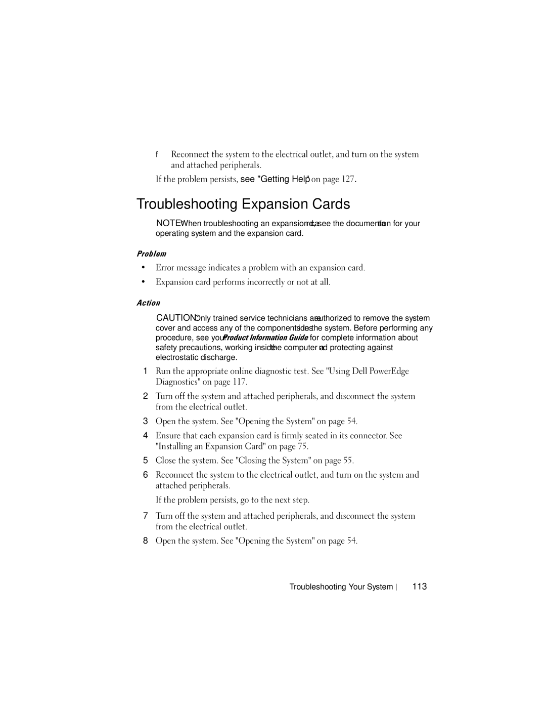 Dell NM176 owner manual Troubleshooting Expansion Cards, 113 