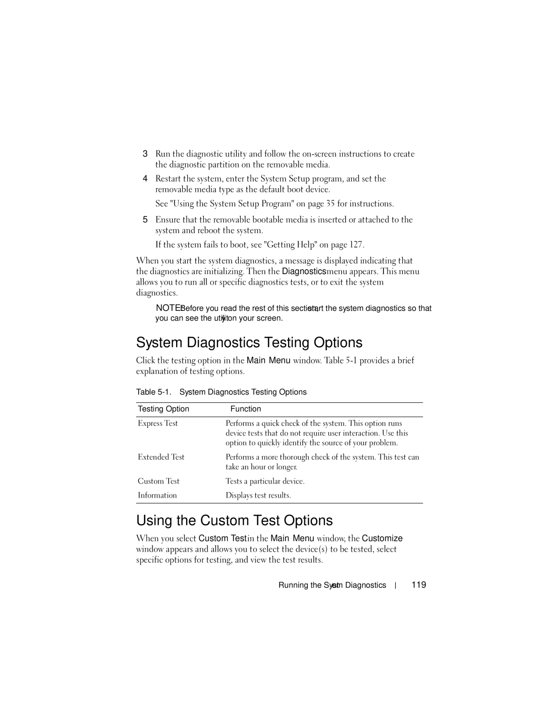 Dell NM176 owner manual System Diagnostics Testing Options, Using the Custom Test Options, 119 