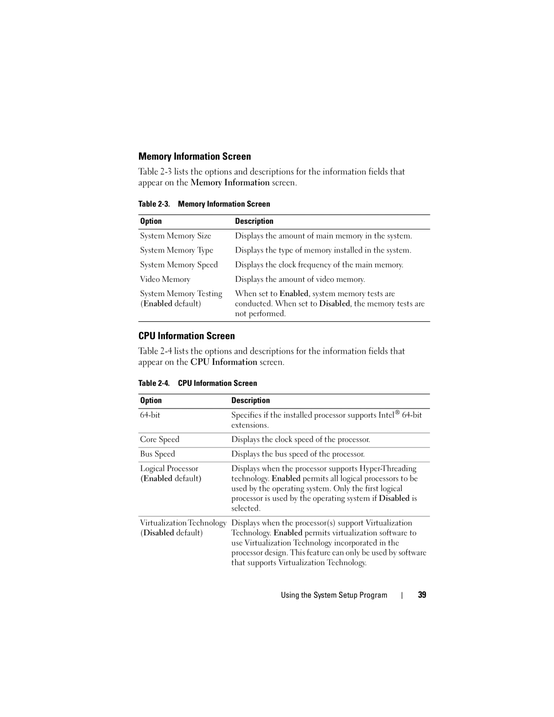 Dell NM176 owner manual Memory Information Screen, CPU Information Screen 