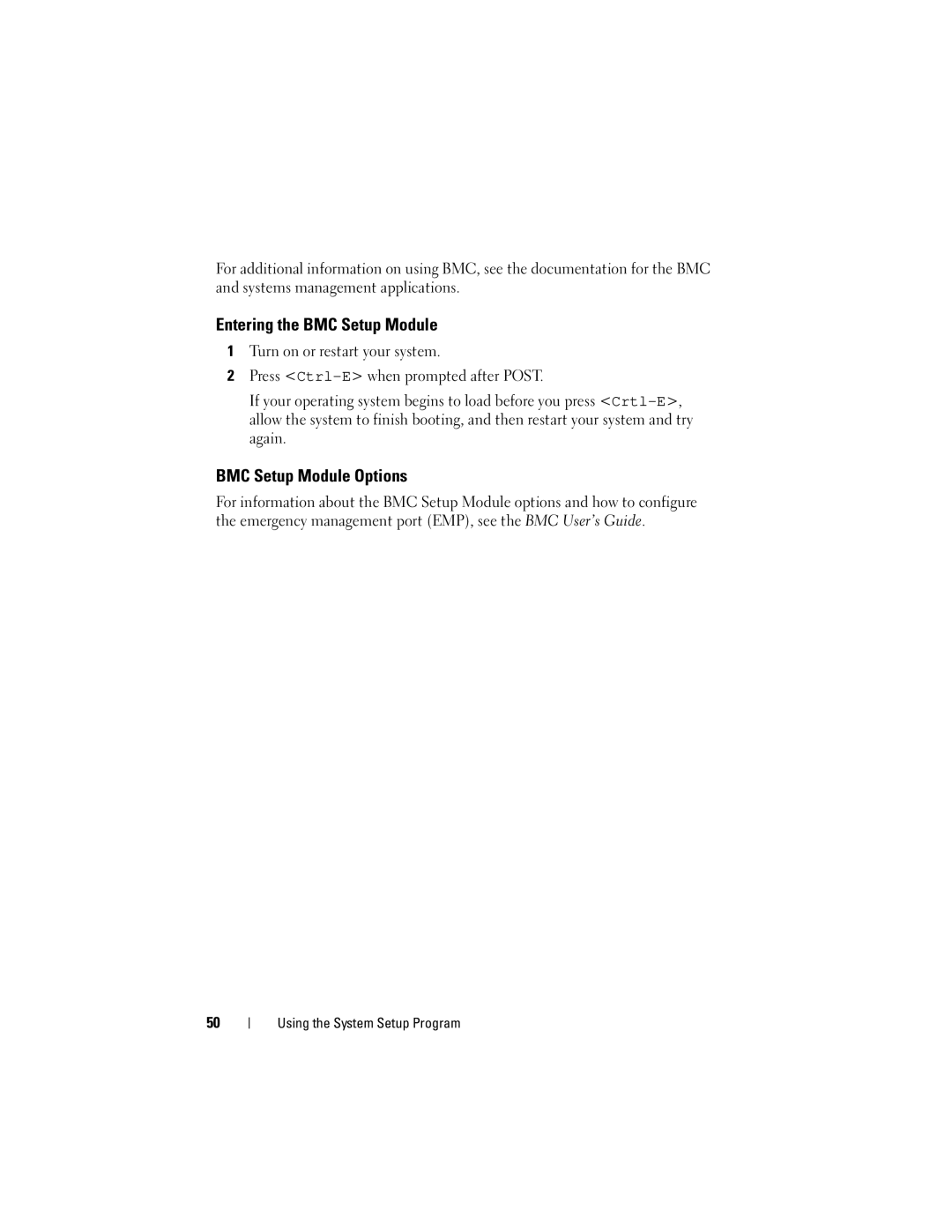 Dell NM176 owner manual Entering the BMC Setup Module, BMC Setup Module Options 