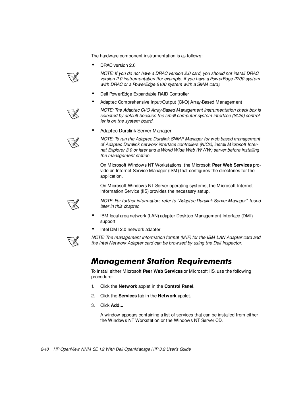 Dell NNM SE 1.2 manual 0DQDJHPHQW6WDWLRQ5HTXLUHPHQWV, ‡ Adaptec Duralink Server Manager 