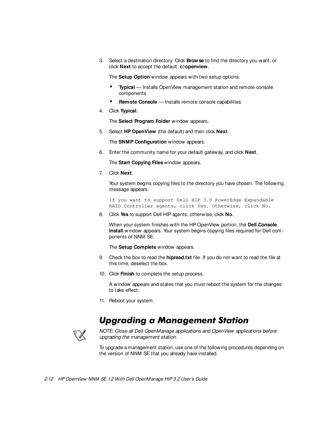 Dell NNM SE 1.2 manual 8SJUDGLQJD0DQDJHPHQW6WDWLRQ, Select Program Folder window appears 