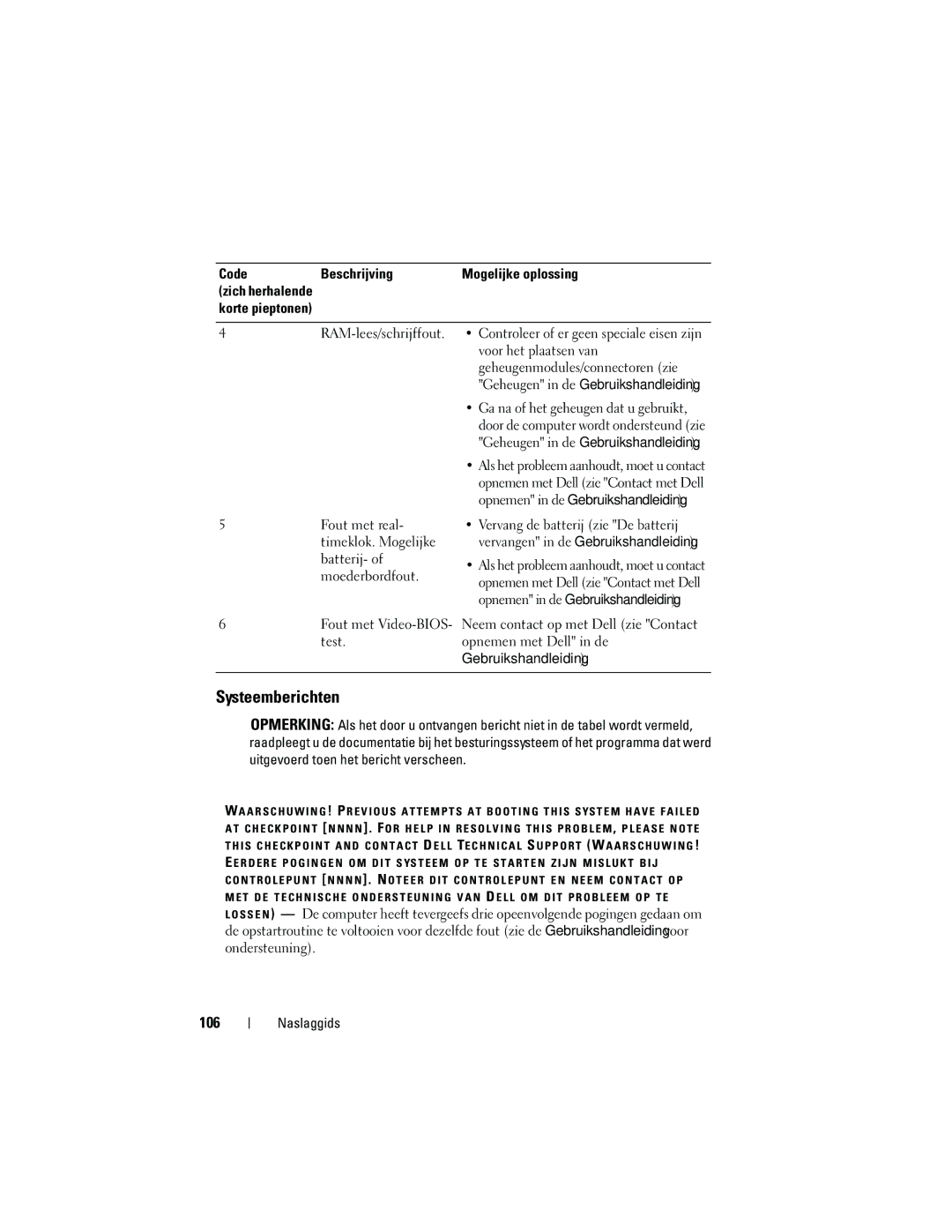 Dell NT505 manual Systeemberichten, 106 