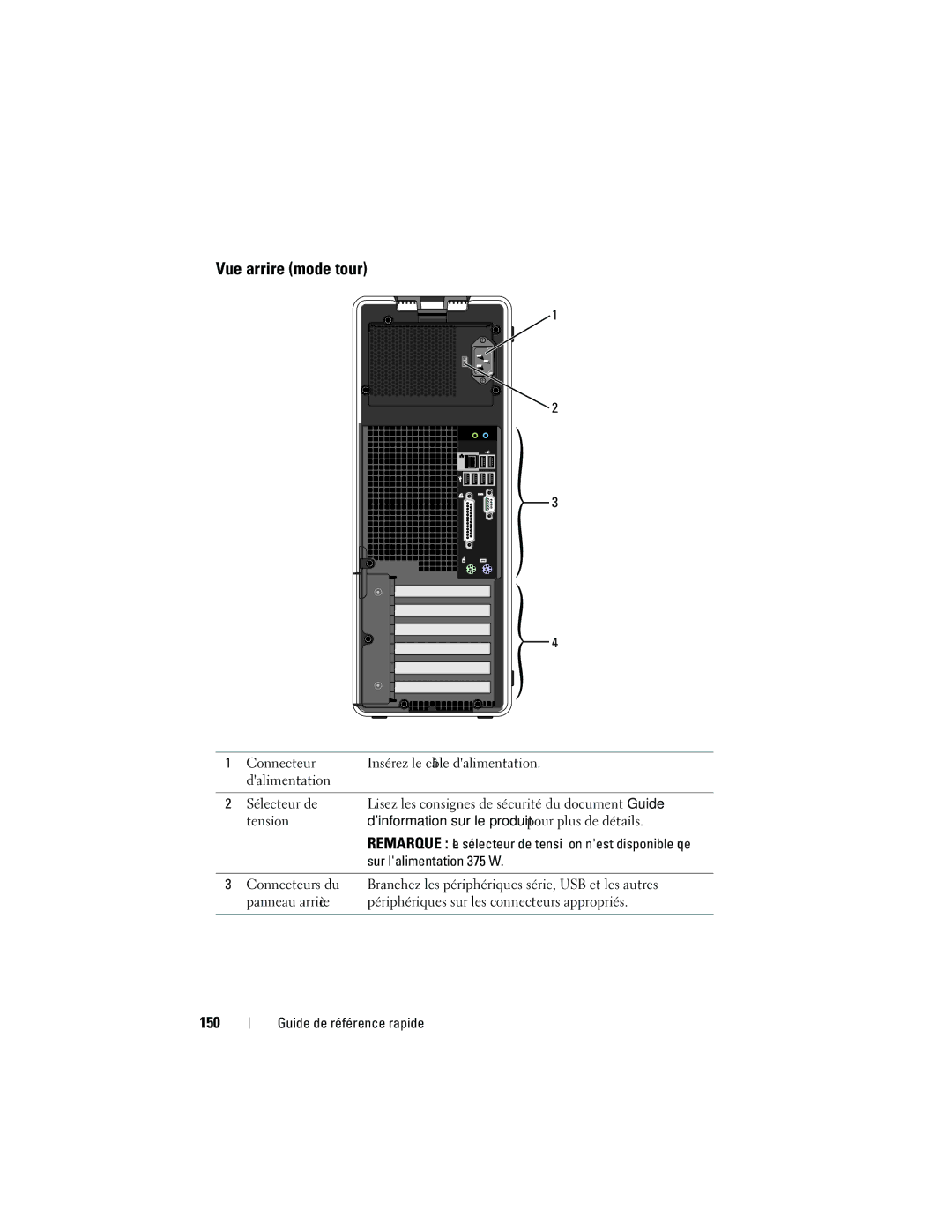 Dell NT505 manual Vue arrière mode tour, 150, Dinformation sur le produit pour plus de détails, Sur lalimentation 375 W 