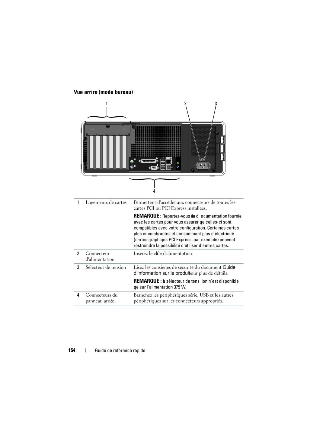 Dell NT505 Vue arrière mode bureau, 154, Restreindre la possibilité dutiliser dautres cartes, Que sur lalimentation 375 W 