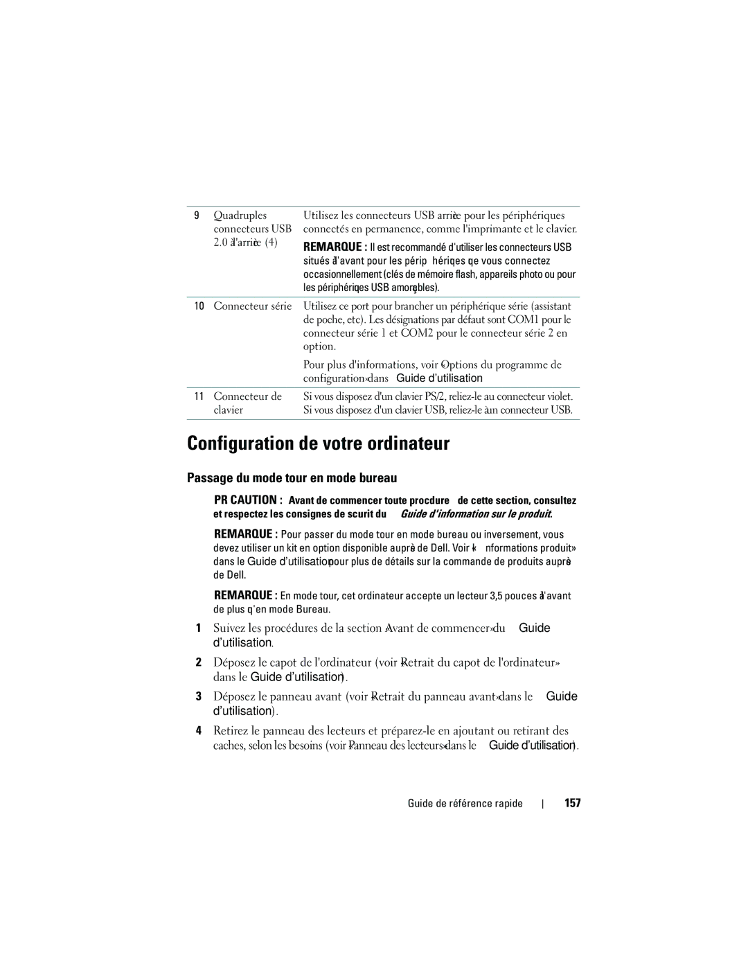 Dell NT505 manual Configuration de votre ordinateur, Passage du mode tour en mode bureau, 157 