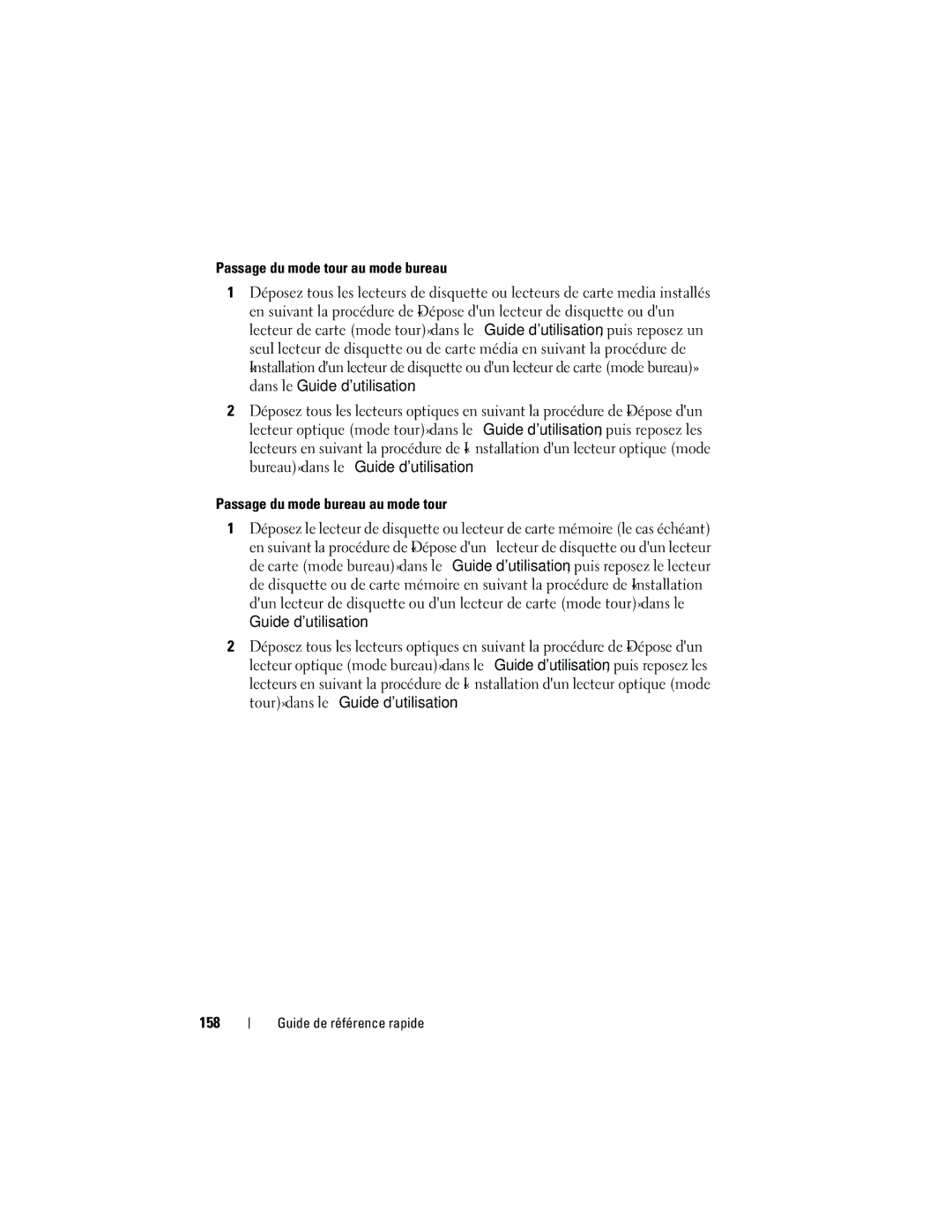 Dell NT505 manual Passage du mode tour au mode bureau, Passage du mode bureau au mode tour, 158 