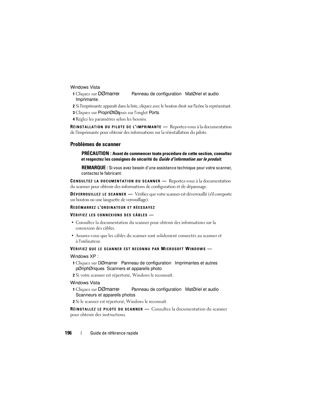 Dell NT505 manual Problèmes de scanner, 196, Si votre scanner est répertorié, Windows le reconnaît 