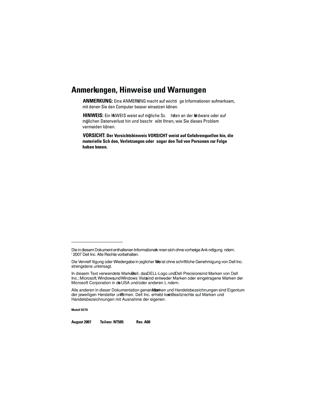 Dell NT505 manual Anmerkungen, Hinweise und Warnungen 