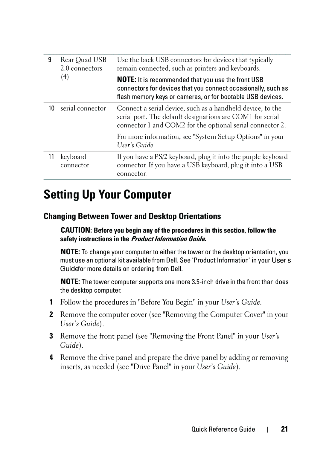 Dell NT505 manual Setting Up Your Computer, Changing Between Tower and Desktop Orientations 