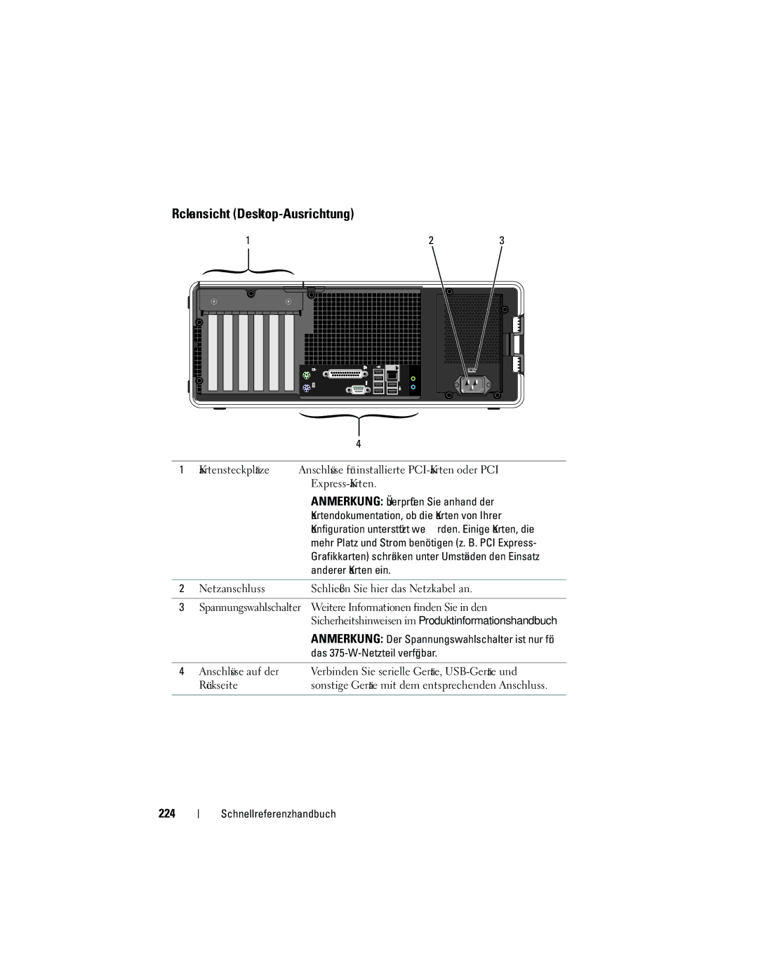 Dell NT505 manual Rückansicht Desktop-Ausrichtung, 224 