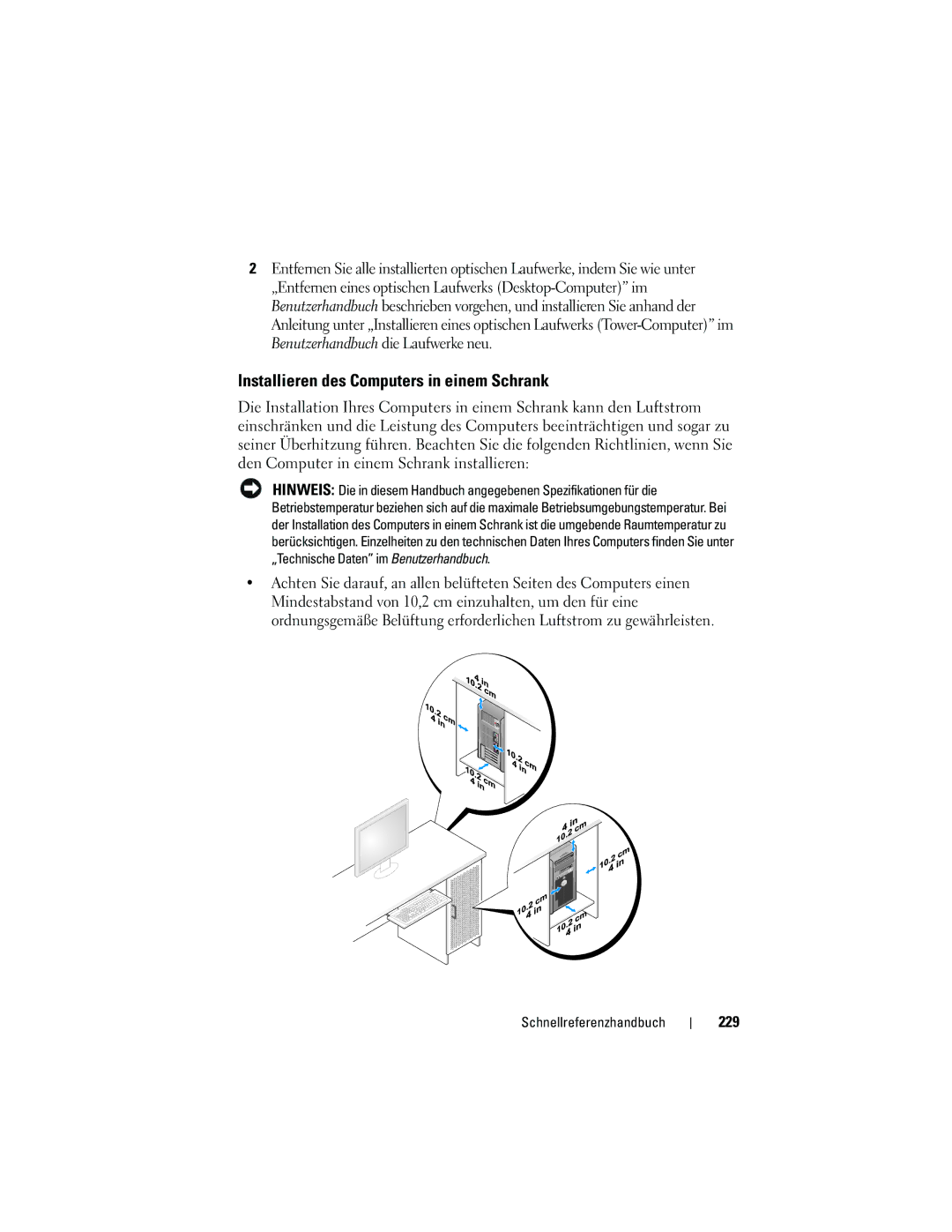 Dell NT505 manual Installieren des Computers in einem Schrank, 229 